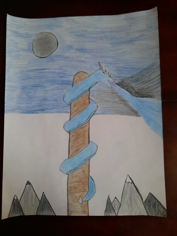 This is an IceWing drawing. It took me around 2-3 hours to make it. If you know the Wings Of Fire series good job, you probably know my aim. I was inspired by pinterest users Decadia and Audrey. They both have amazing art in their accounts so, make sure to check them out!