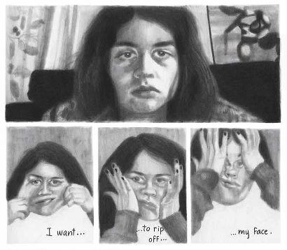 charcoal panels of hebert pulling on her skin, with words 'i want to rip off my face'