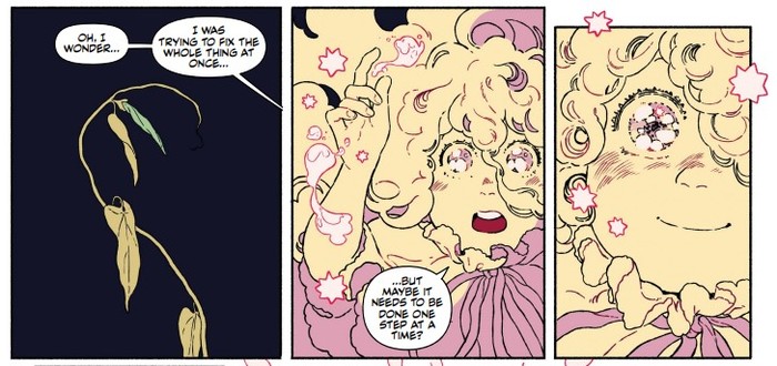 panel that shows wisteria realizing she has to heal a plant a little bit at a time