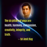 The six pillars of yoga are: health, harmony, compassion, creativity, integrity, and truth.
